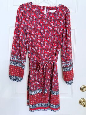 EUC LOFT Floral Tie Waist Dress Size Small Red Blue Long Sleeve Border Print